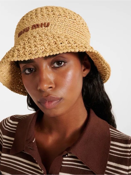 Miu Miu Accessories - Miu Miu Tan Crochet Bucket Hat with Brown Logo